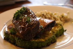red wine-braised beef short rib with broccoflower steak