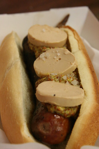 Bacon-Pheasant Sausage, Foie Mousse and dijon mustard, Hot Doug's