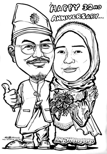 Malay couple traditional  wedding anniversary caricatures