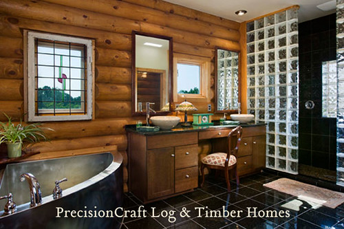Custom Log Home | Master Bathroom View | by PrecisionCraft Log Homes,house, interior, interior design