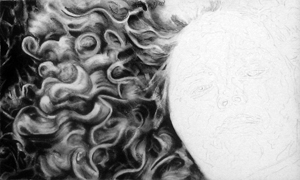 In progress photo of carbon pencil drawing entitled Sammie