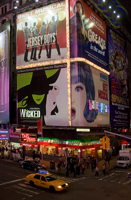 Billboards for 5 super hit, Broadway plays, in the heart of the Theater 
