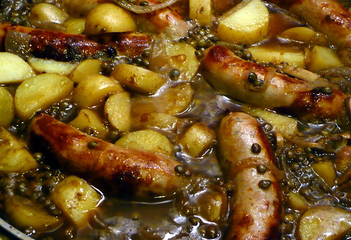 Braised sausages with Potatoes & Puy Lentils