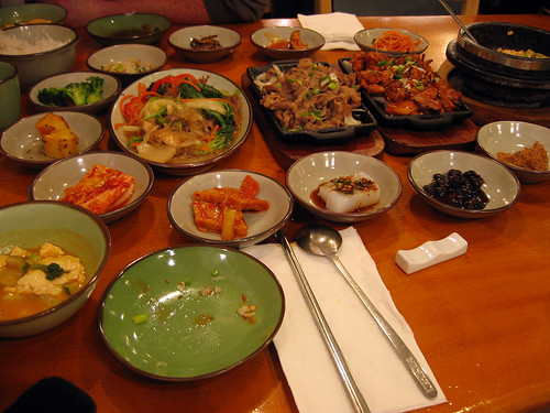 Bulgogi, barbecue chicken, jap chae and kim chi tofu soup