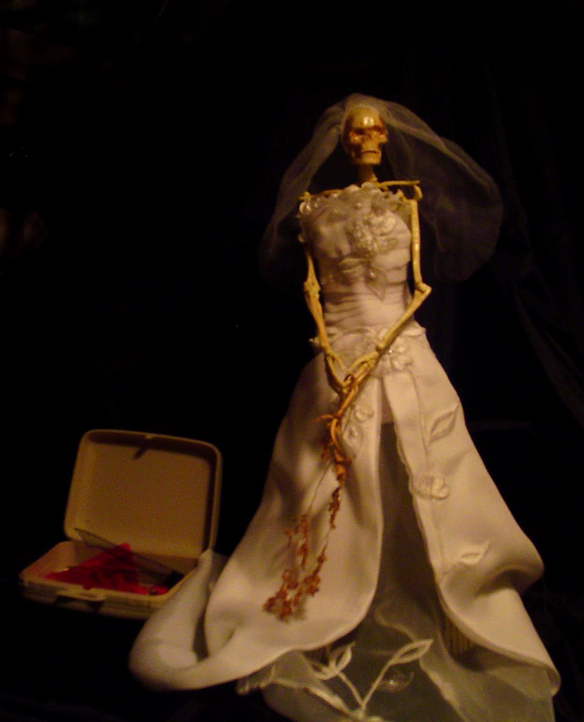 Worth Waiting For or True Love Waits | mixed media (skeleton model dressed in wedding dress, holding a dead bouquet)