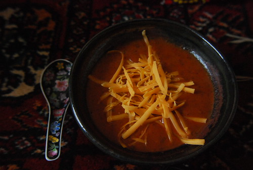 Black bean and roasted red pepper soup with cheddar