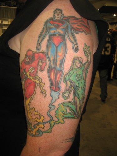 Umbrella Corp soldier · Flash, Superman & Green Lantern tattoos 