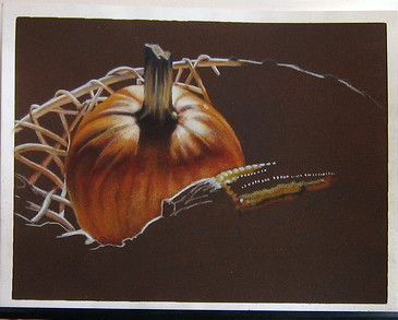 In progress photo of colored pencil drawing entitled Autumn Still Life