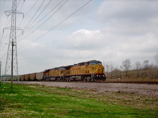 Eastbound Union Pacific unit coal train. Bellwood Illinois. Late March 2007.