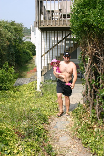 Anna and Daddy walking to the beach
