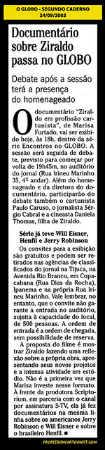 "Documentário sobre Ziraldo passa no Globo" - O Globo - 24/09/2003