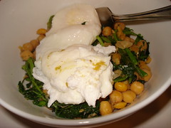 Chick peas and greens with poached eggs