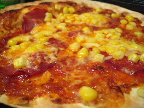 Homemade Pizza - Salami, Sweetcorn and Smoked Cheddar with BBQ Sauce