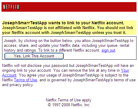 Netflix OAuth authorization page