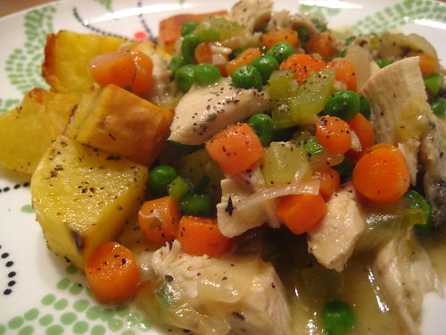 chicken stew and roasted potatoes