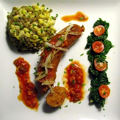 Alligator Boudin with Lentils and Yellow Hominy in a Sweet and Spicy Tomato Sauce
