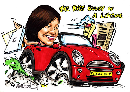 Shopper caricature on convertible Mini Cooper