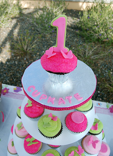 pink and green first birthday cupcake tower topper smash cake