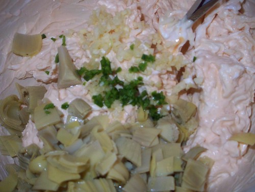 artichokes jalapeno garlic mixed into cheesy base