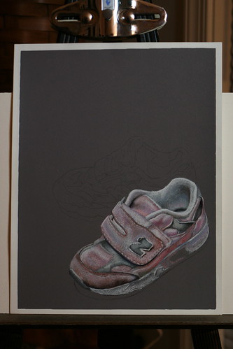 Photo of in progress drawing of two pink sneakers.