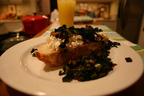 Homemade ricotta, bread and kale