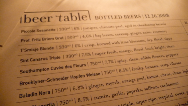 Beer menu at Beer Table