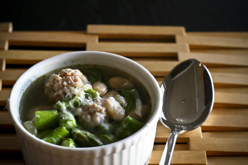 spring asparagus soup with mini meatballs