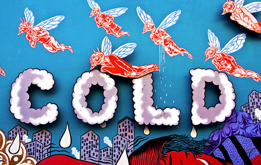 street art: the word COLD in puffy white lettering, with red bug-people flying over top