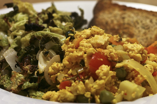 Scrambled Tofu with Roasted Cabbage and Chive Bread