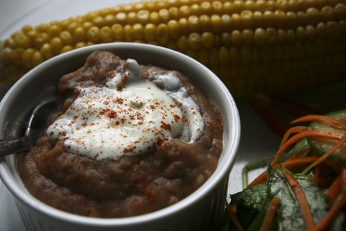 Refried Pinto Beans with Salad and Corn