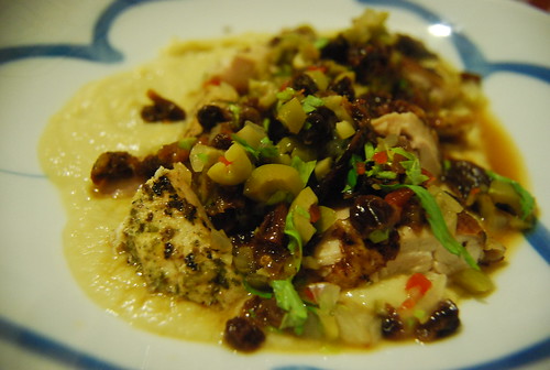 Chicken breast with lemony chick pea puree and olive salsa verde