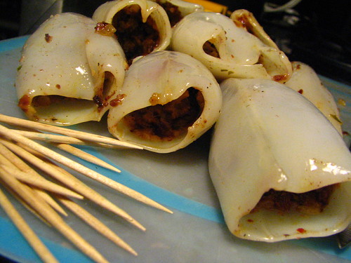 Grilled Morcilla Stuffed Squid with a Spicy Sauce