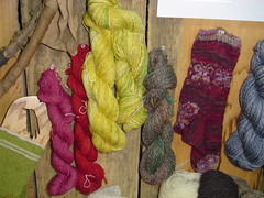 WCF Fiber Wall close up of red Kool Aid, Evelyn's Roses Butterfly sock