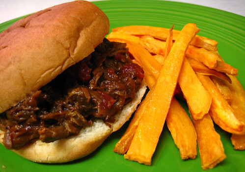 Braised BBQ Beef Sandwich and Sweet Potato Fries