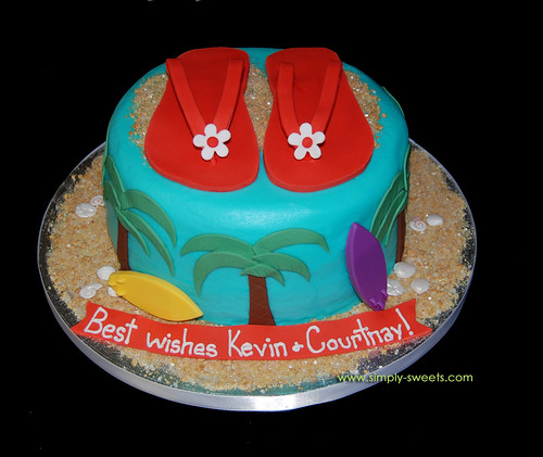 Flip Flop beach themed bridal shower cake redorange and turquoise colors 
