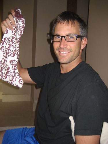 Kyle with the stocking I made from a cheap linen napkin!