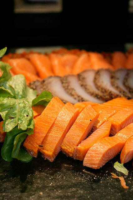 Many kinds of salmon and cured fish