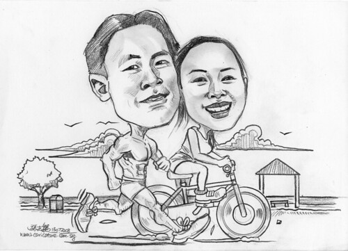 Couple pencil caricatures jogging cycling at East Coast Park