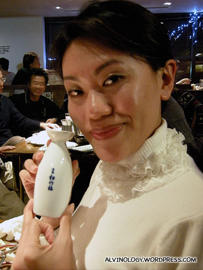 Rachel and her small bottle of sake