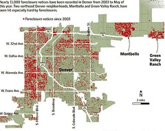 red areas show the most foreclosures in metro Denver (by: Denver Public Trustee's Office & Trulia.com) 