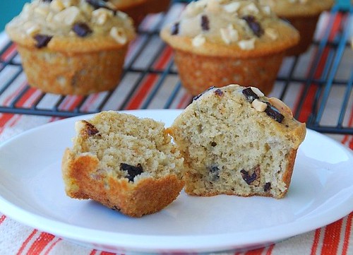 crunchy peanut butter, banana, and chocolate chunk muffins
