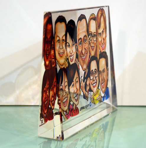 Group caricatures for JP Morgan on crystal plaque 7