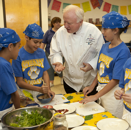 Chef Roland Schaeffer and students cooking "Cougar Power Lentils" for the Recipes for Healthy Kids competition