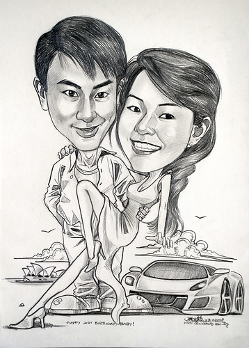 Couple caricatures Ferrari Sydney Opera House