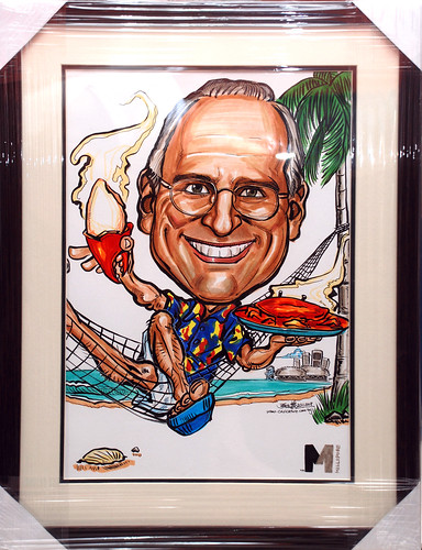 Caricature on hammock with chilli crab for Millipore framed