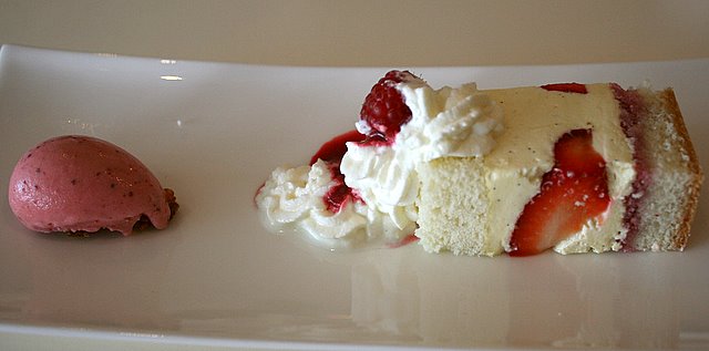 Strawberry shortcake with raspberry ice cream
