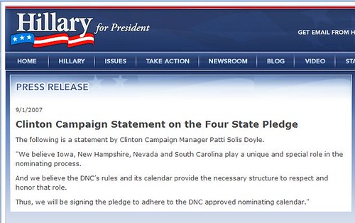 Hillary Clinton Press Release on her Pledge