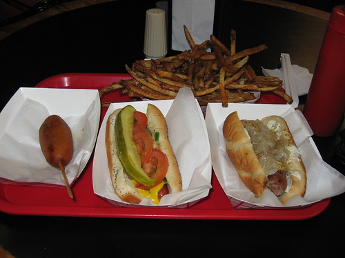 Hot Doug's: Orders - Duck fat fries, The dog, The Sally Vega, Bacon sausage