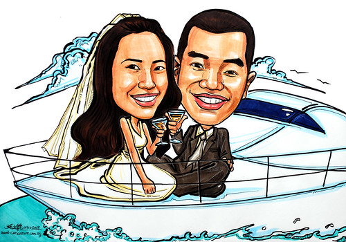 Couple wedding caricatures on yacht