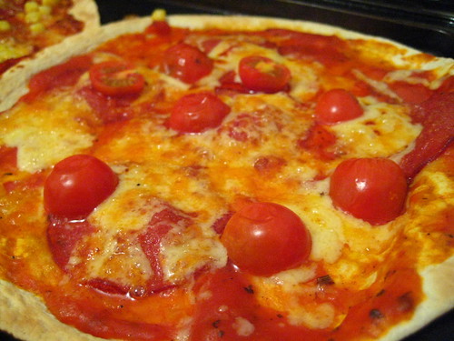 Homemade Pizza - Salami, Baby Tomatoes and Smoked Cheddar with Tomato Sauce